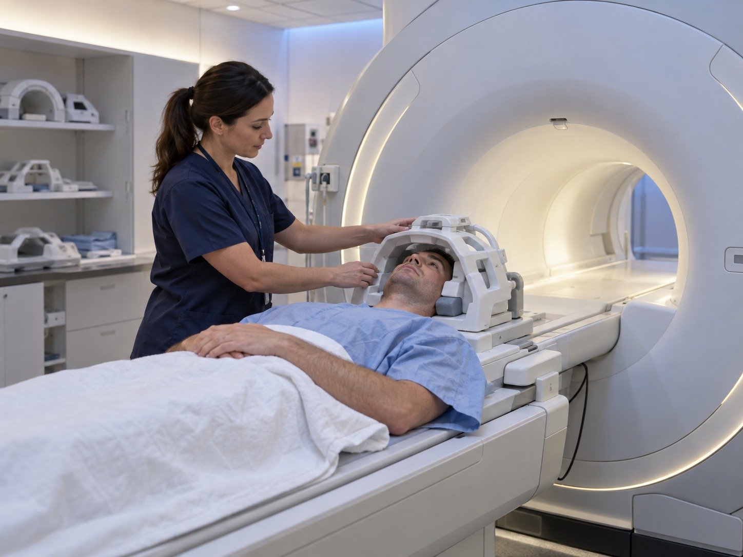 A radiographer positions a dual-tuned multi-nuclear head coil over a patient lying on the bed of a 3.0T MRI scanner, with further coils on the shelves behind her