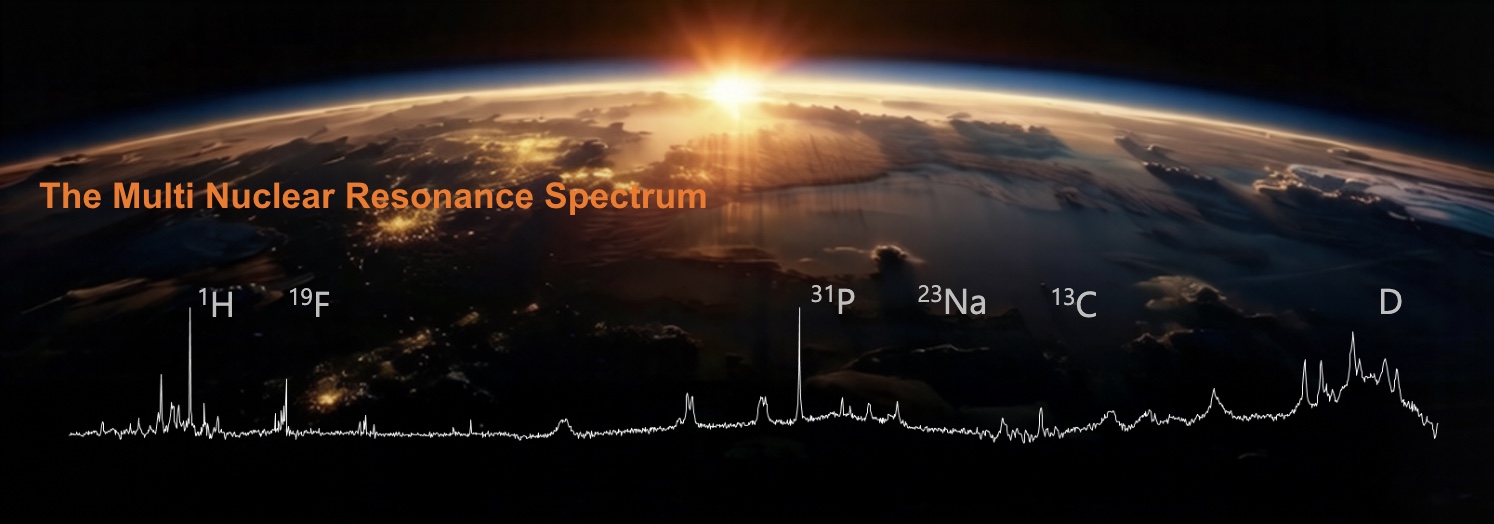 Multinuclear resonance spectrum banner showing peaks for ¹H, ¹⁹F, ³¹P, ²³Na, ¹³C and D nuclei against an Earth horizon at sunrise